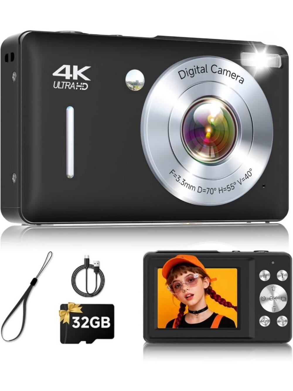 44MP FHD Point & Shoot Digital Camera, 16X Zoom, Anti-Shake, 32GB SD Card